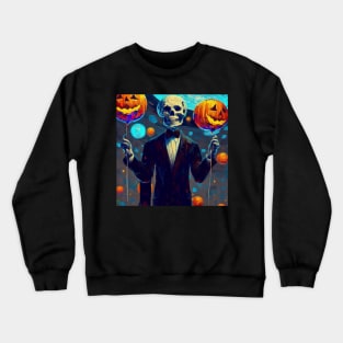 Spooky handsome skeleton in suit holding pumpkins balloons Crewneck Sweatshirt